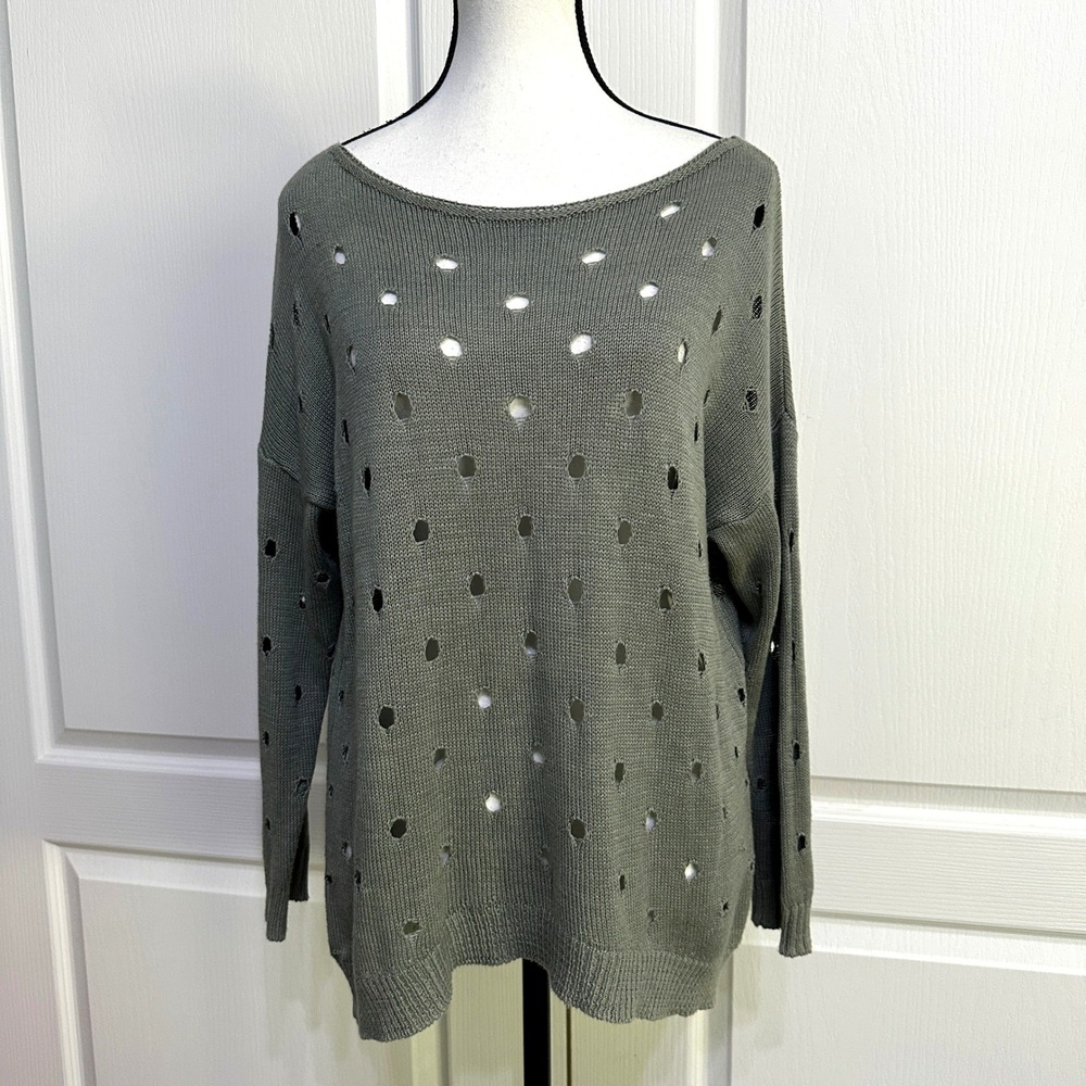 Made in Italy Distressed Open Knit Sweater M L Olive Green Grunge Boho Y2K Layer